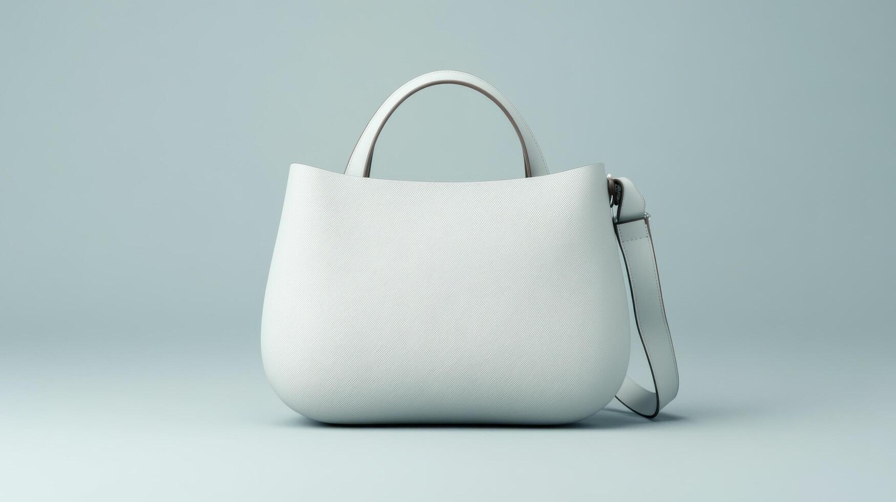 A simple, white handbag with handles and a shoulder strap, presented on a light blue studio background. photo