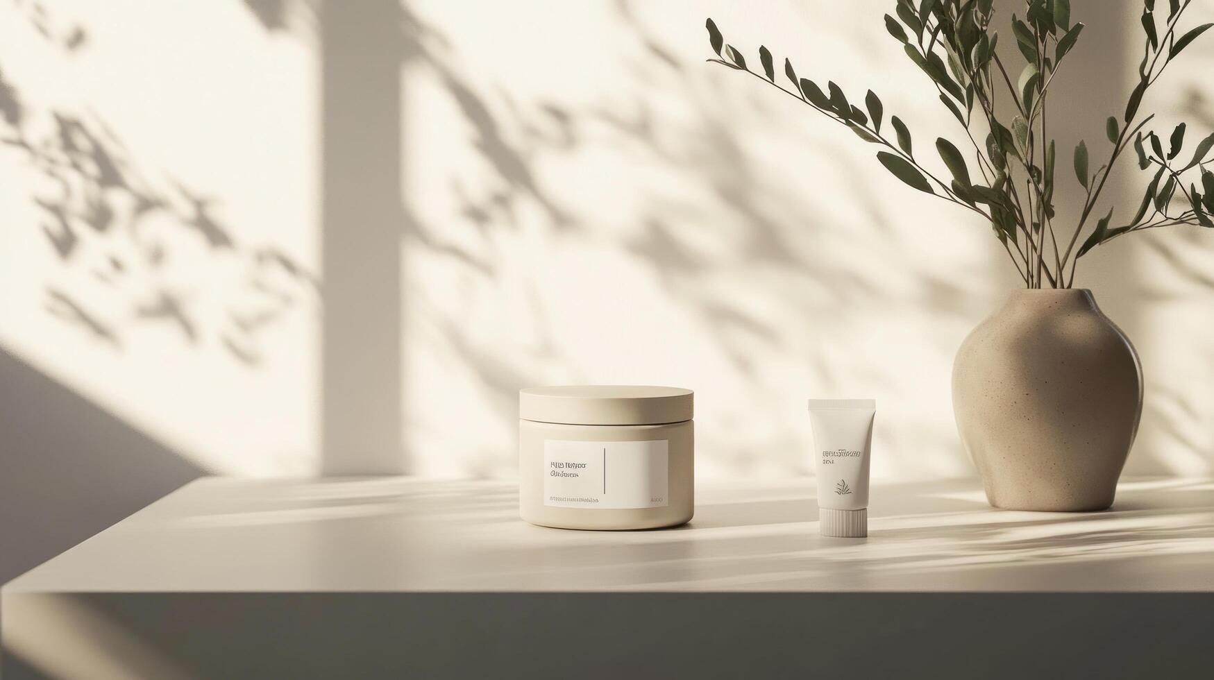 Beige cosmetic jars and tube on a white table, natural light, shadows, and greenery. photo
