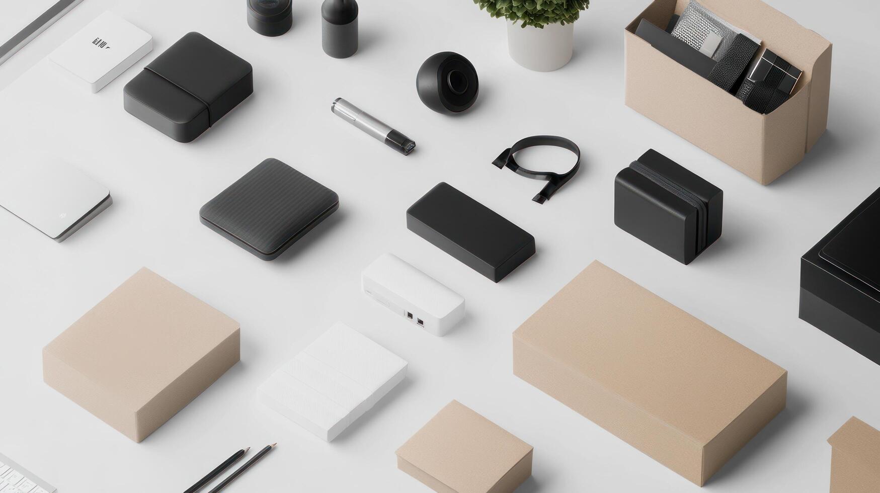 Assorted modern office supplies and packaging arranged on a white surface. photo