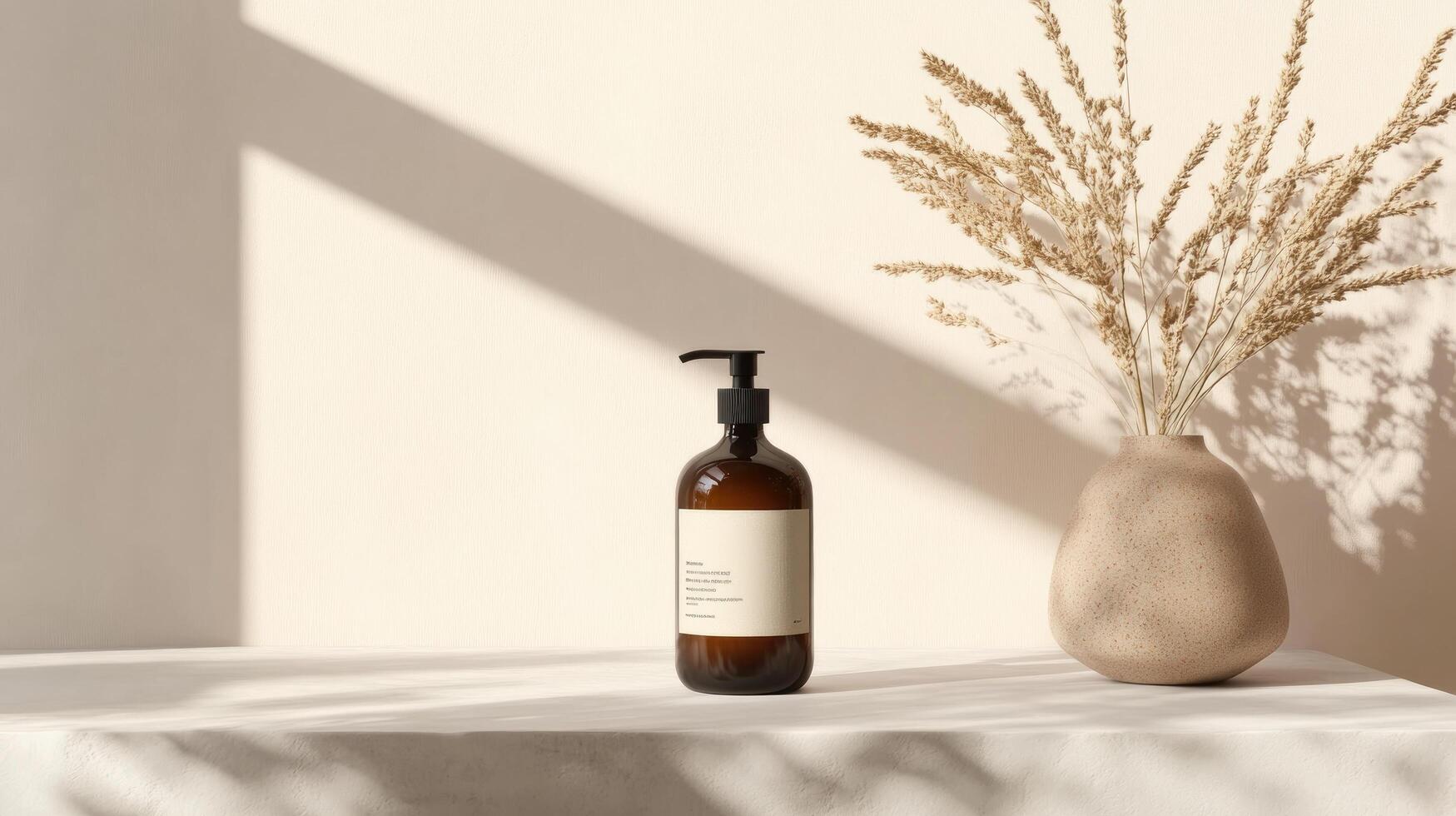 Amber glass bottle of lotion or cream on a marble surface with dried grasses in a vase. Soft sunlight casts shadows. photo