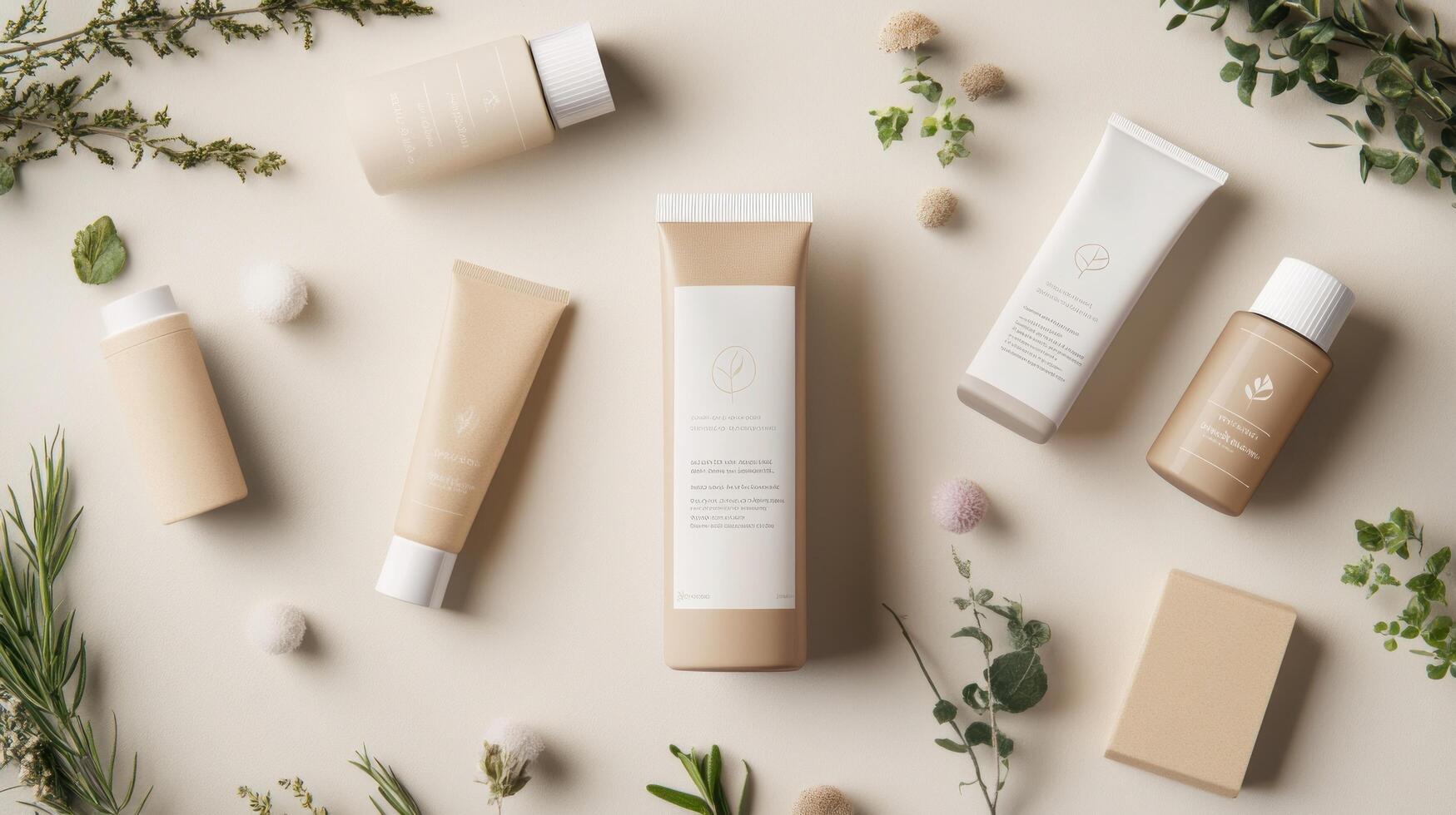 Beige and natural cosmetic products arranged on a light beige background with plants and small decorative items. photo