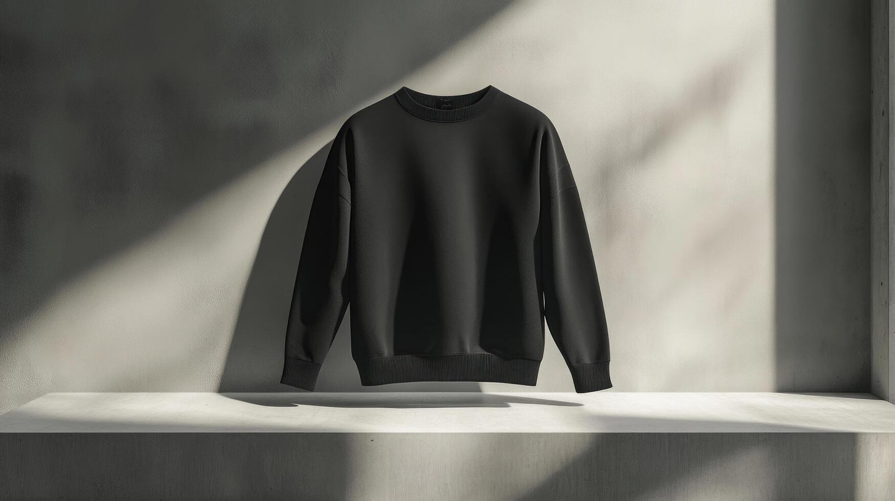 A black sweatshirt is sitting on a shelf photo