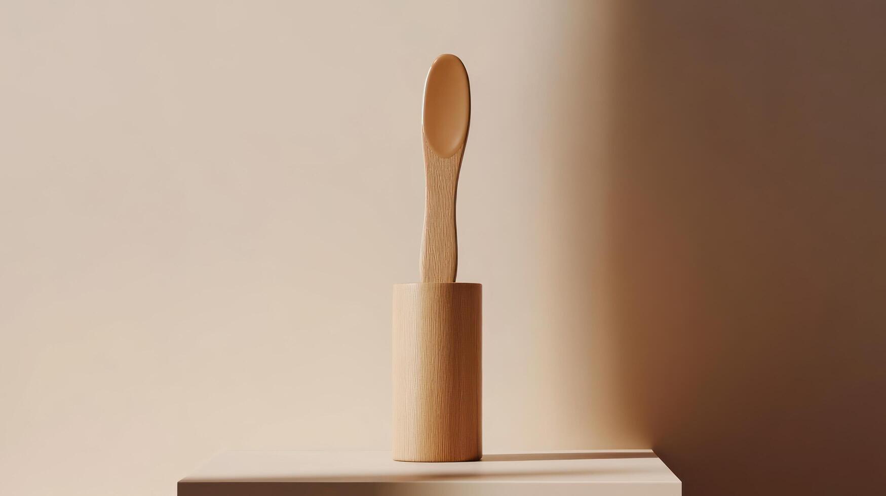 A wooden toothbrush is sitting on a white block photo
