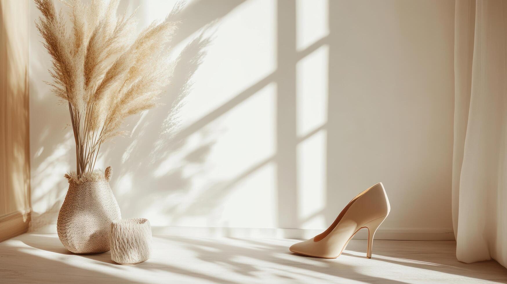 A pair of high heels and a vase of pampas grass photo
