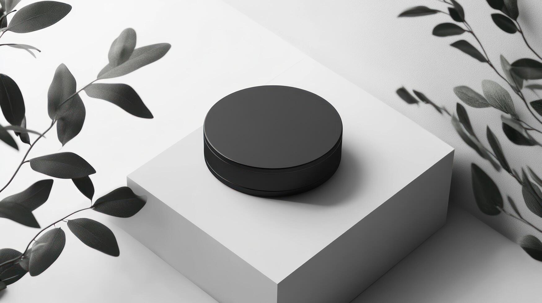 A black box sitting on a white surface with leaves photo