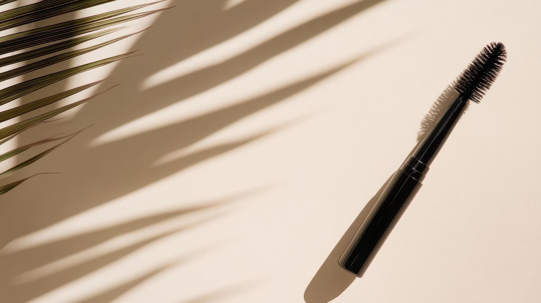 A mascara brush and a palm leaf on a tan background photo