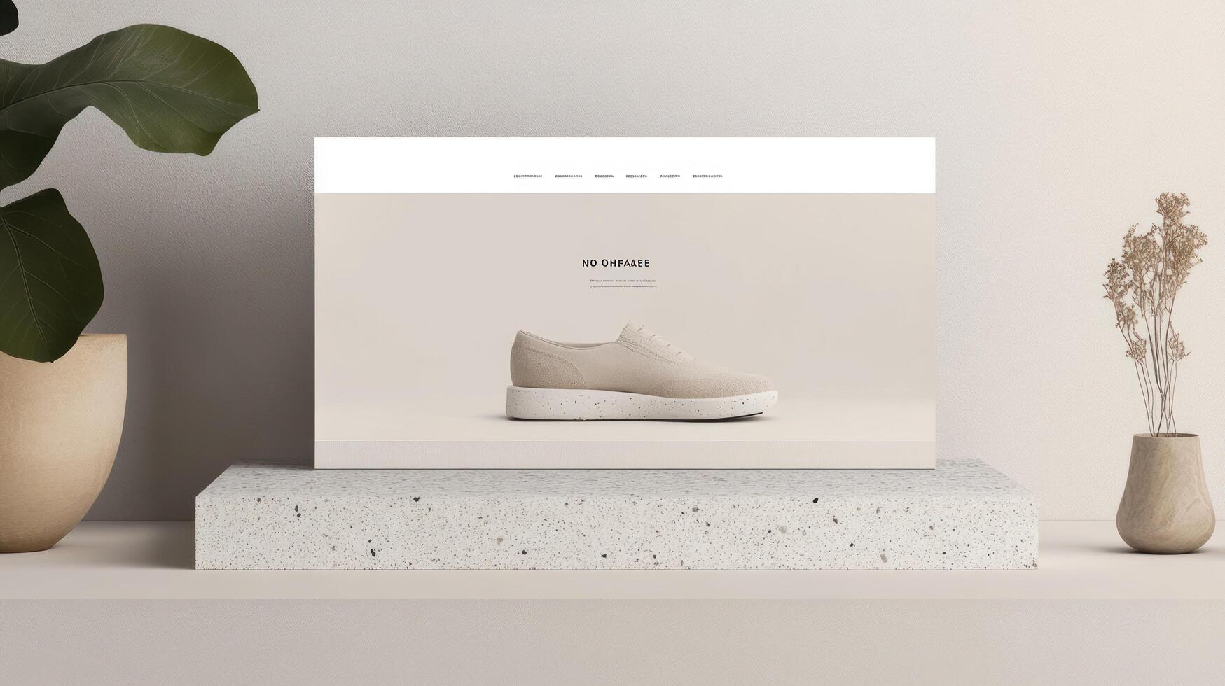 A white shoe on a table with a plant photo