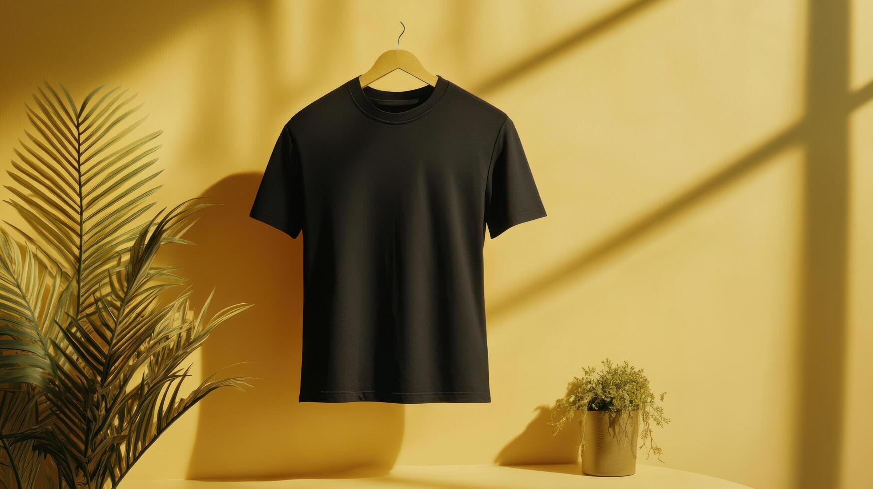 Black t - shirt mockup on yellow wall photo
