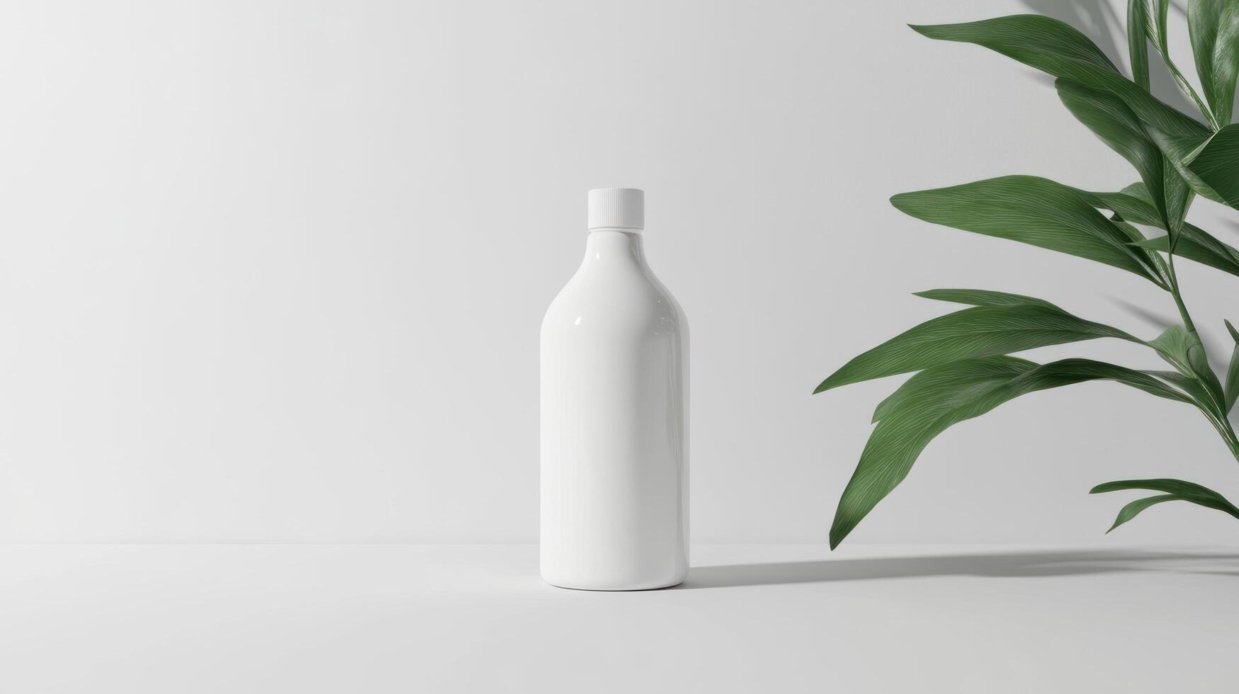 A white bottle and plant on a white surface photo