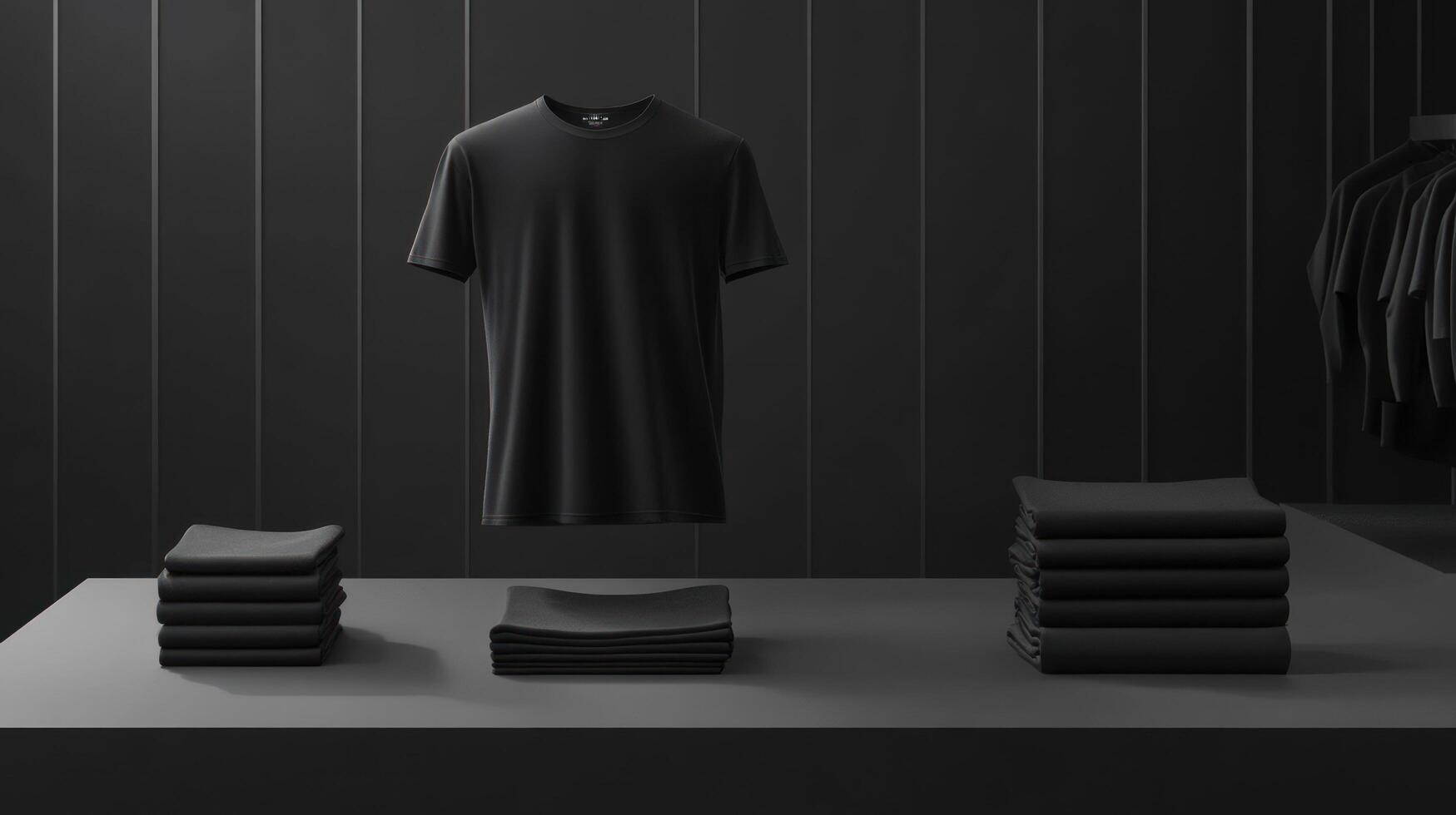 A black clothing store with a table with folded clothes photo