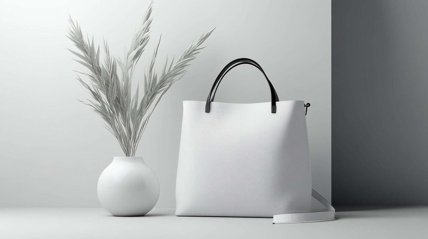 White bag and vase on a table with a plant photo