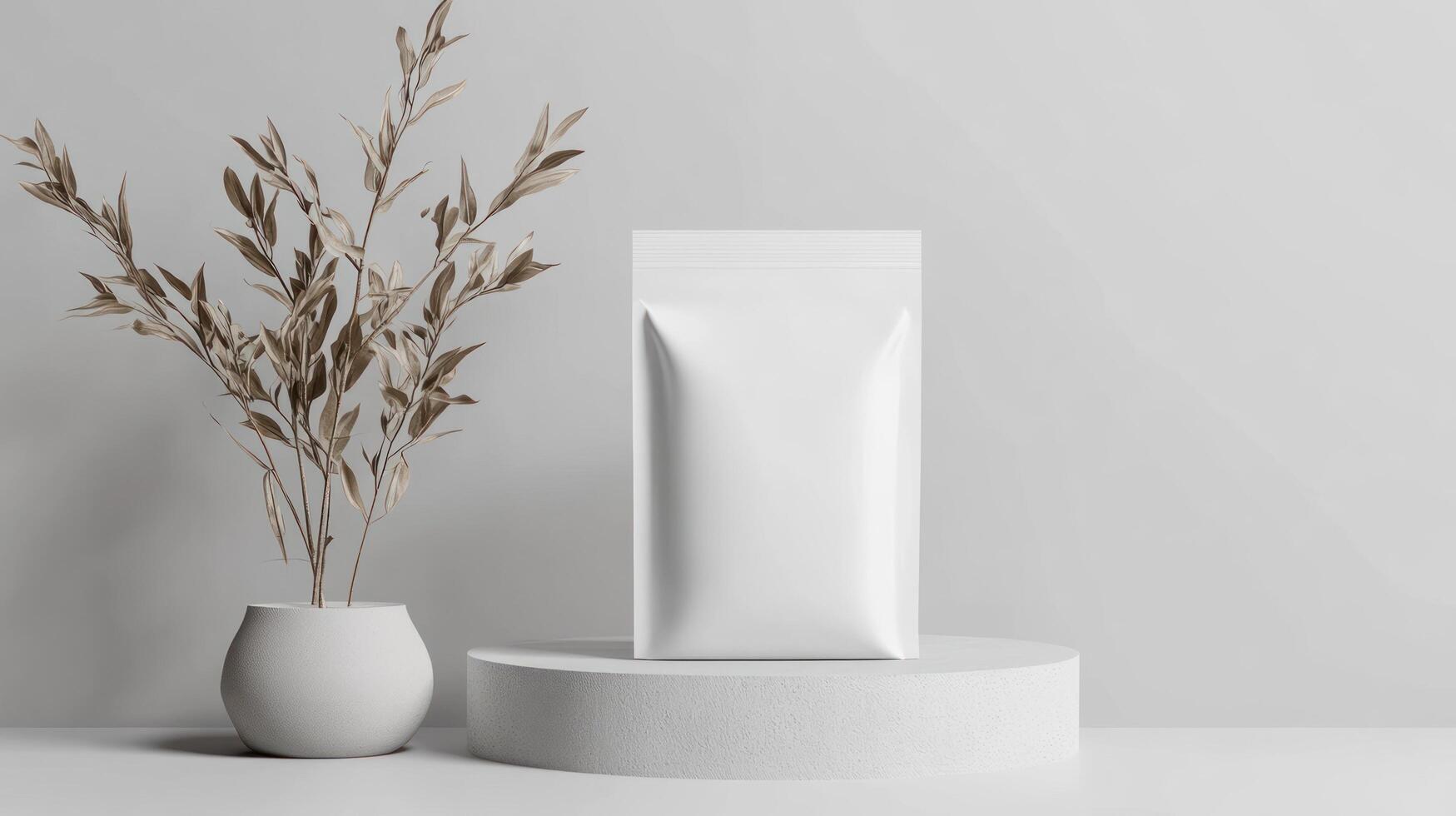 White packaging mockup with plant on white table photo