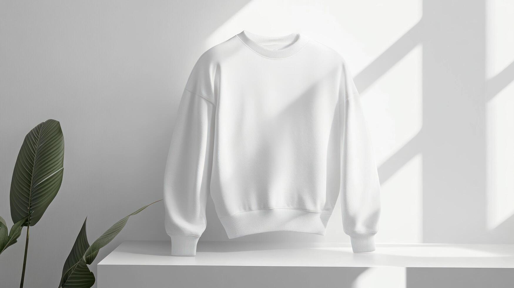 White sweatshirt on a shelf with a plant photo