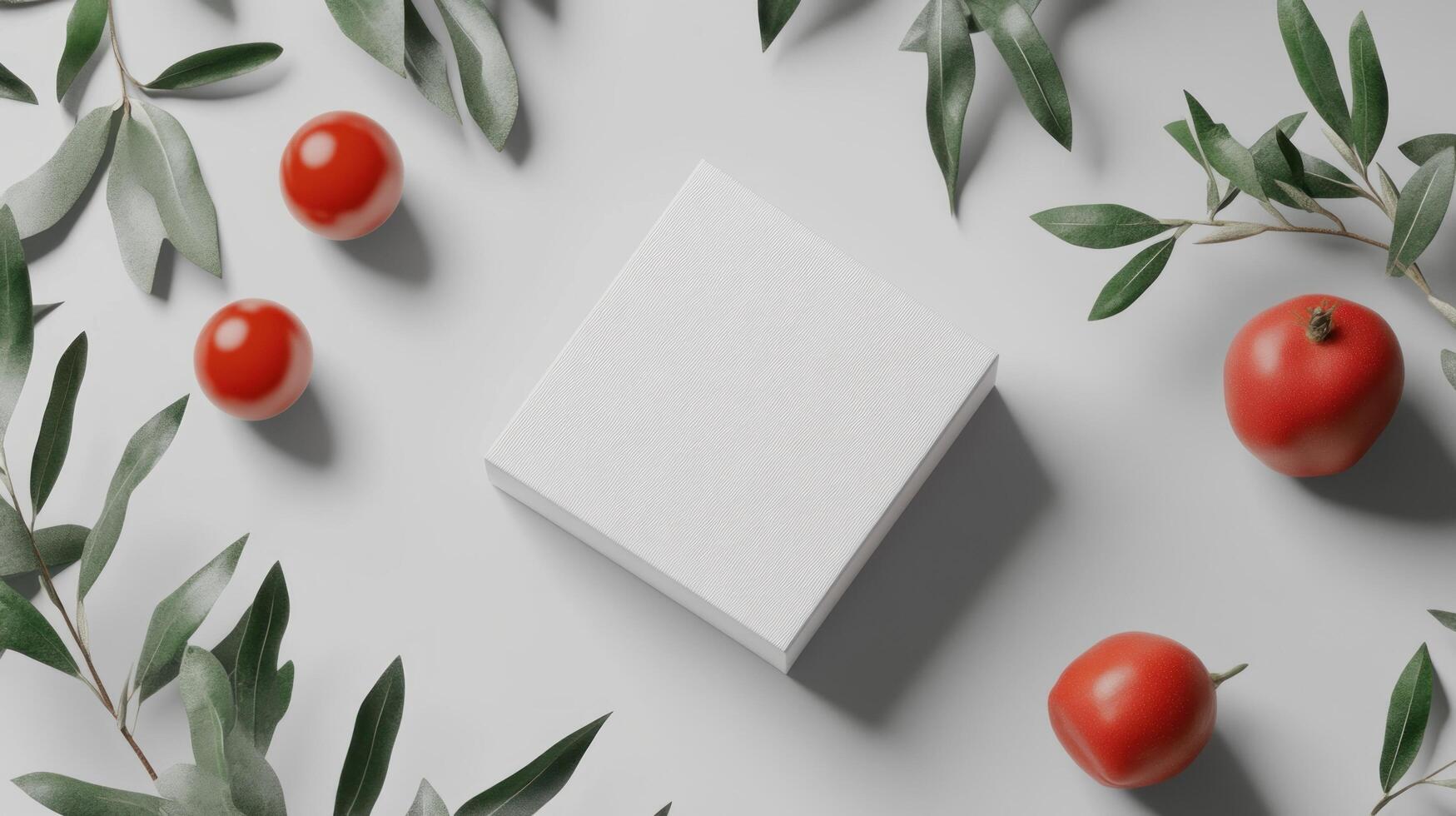 A white square box surrounded by tomatoes and leaves photo