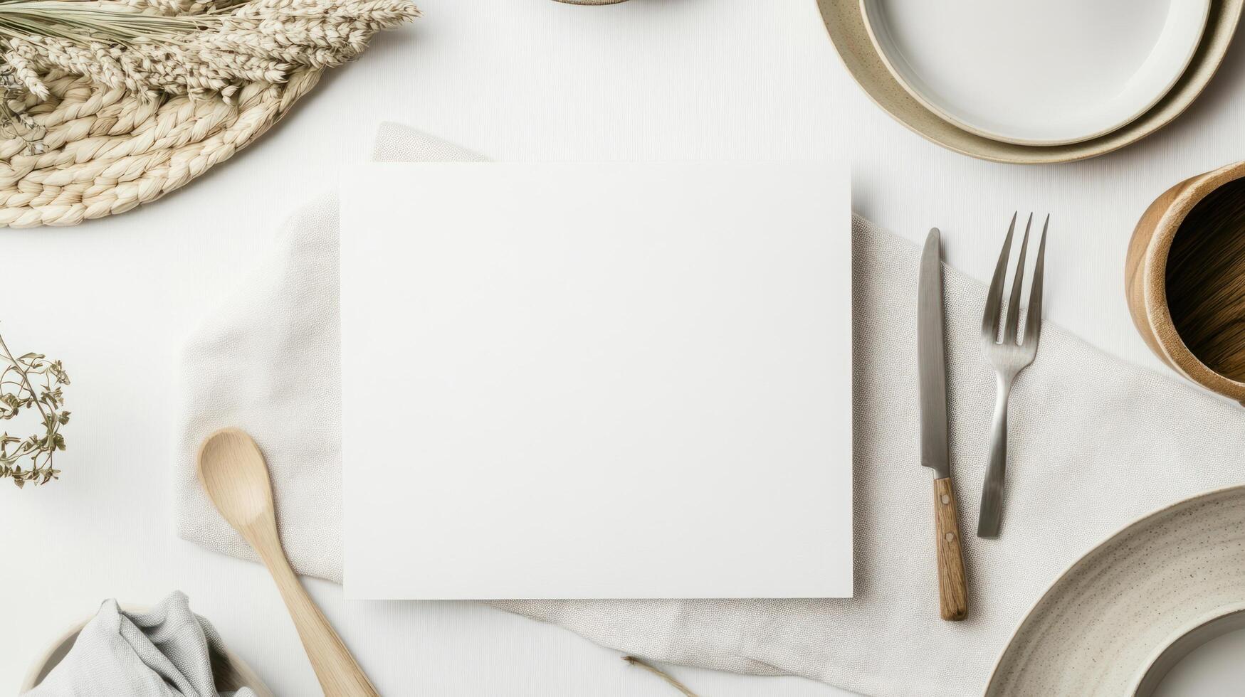 Blank white paper on a table with utensils and other items photo