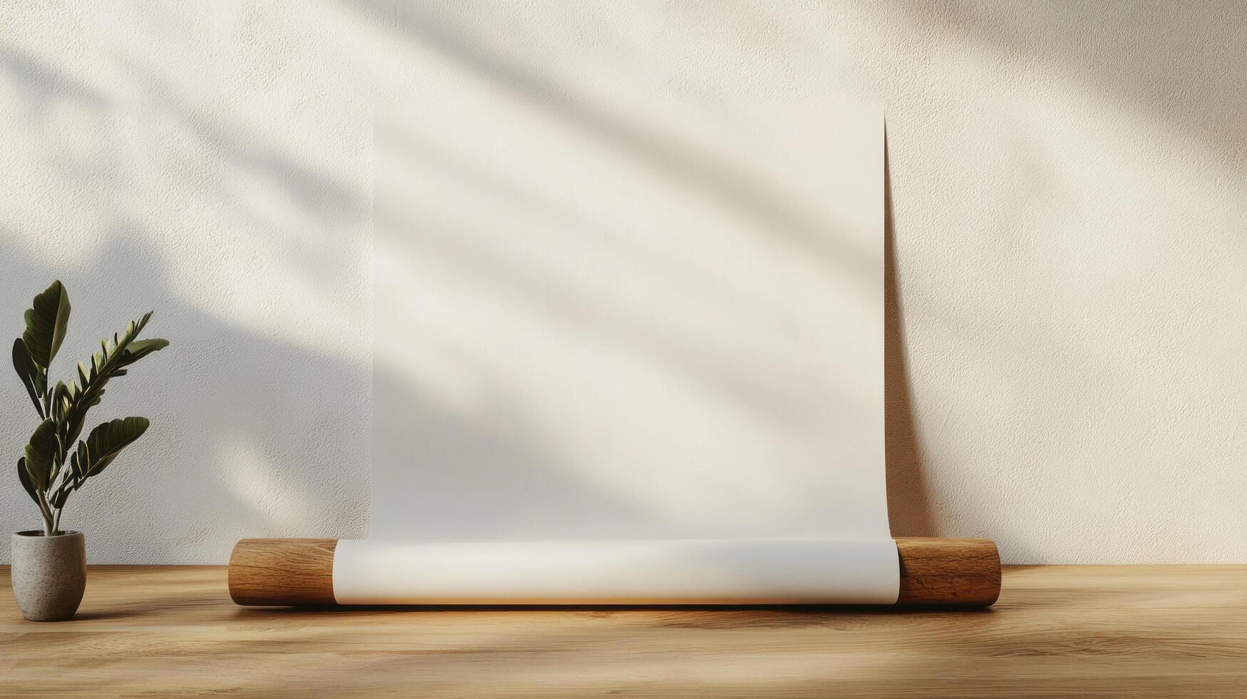 Blank paper roll on a wooden table with a plant photo
