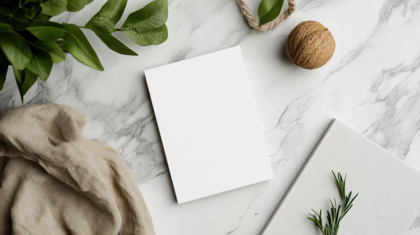 Blank white notebook on marble table with green plant and nut photo