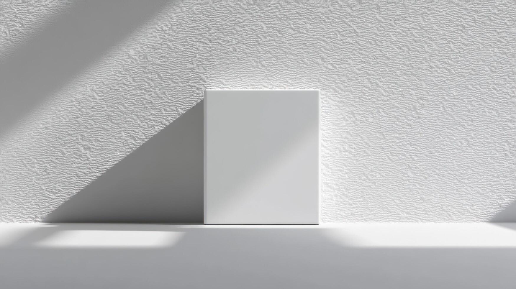 An empty white room with a window and a white square photo