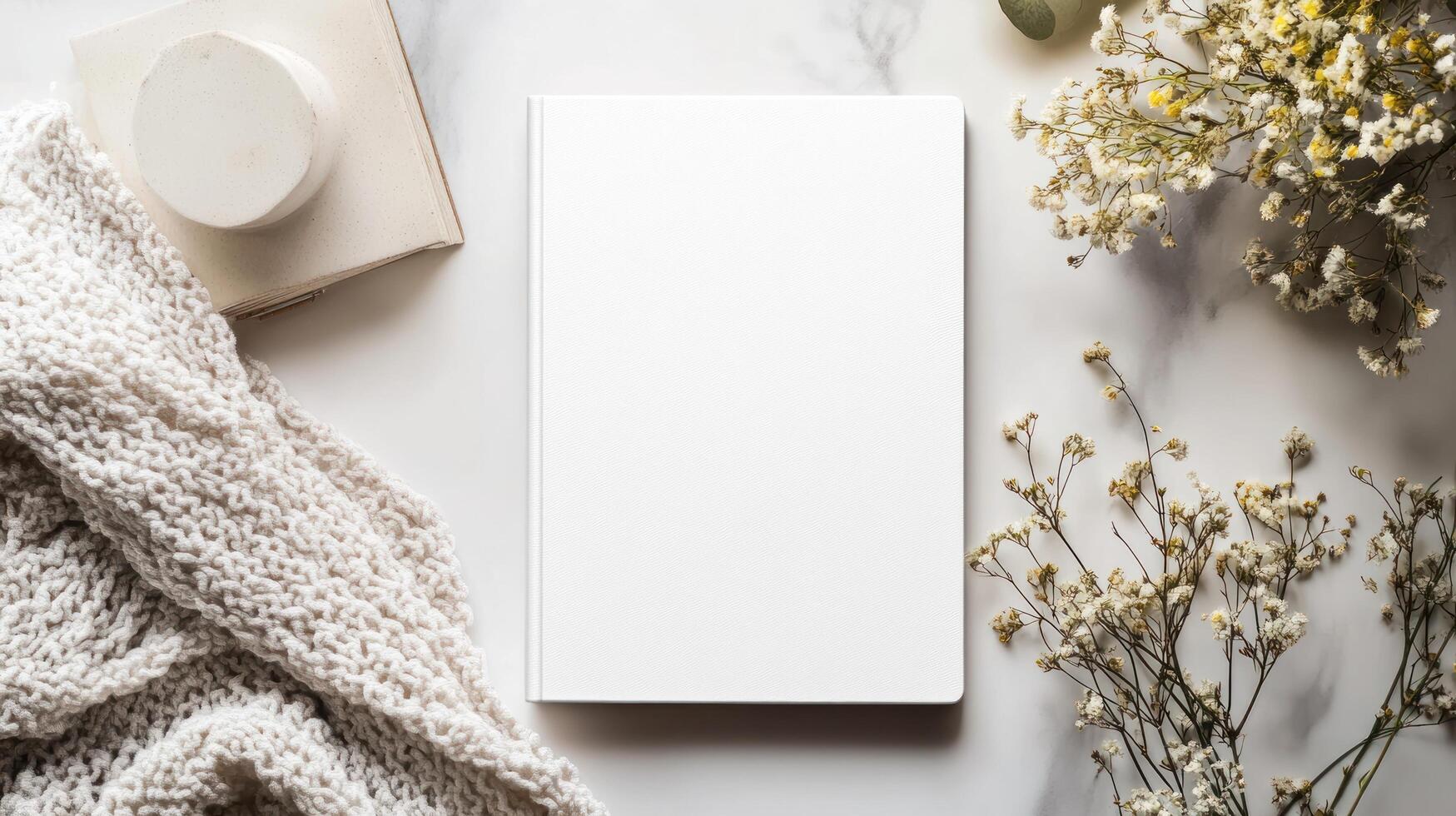 Blank notebook, flowers and soap on marble background photo