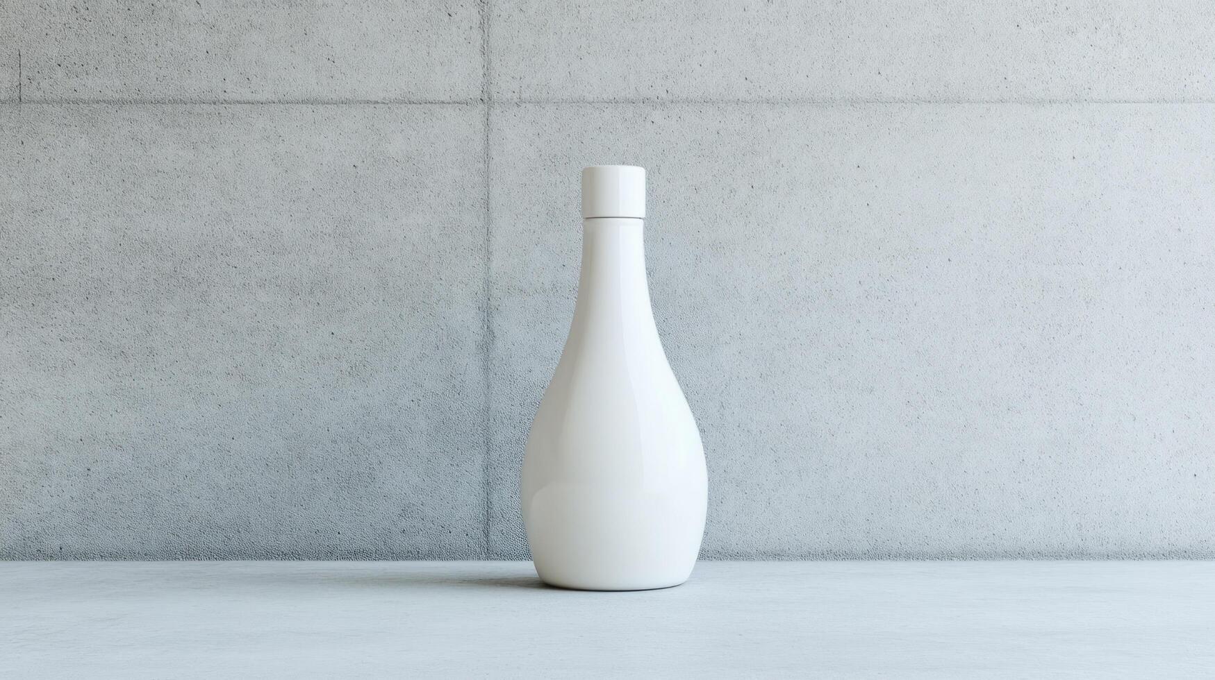 A white vase sitting on a table in front of a wall photo