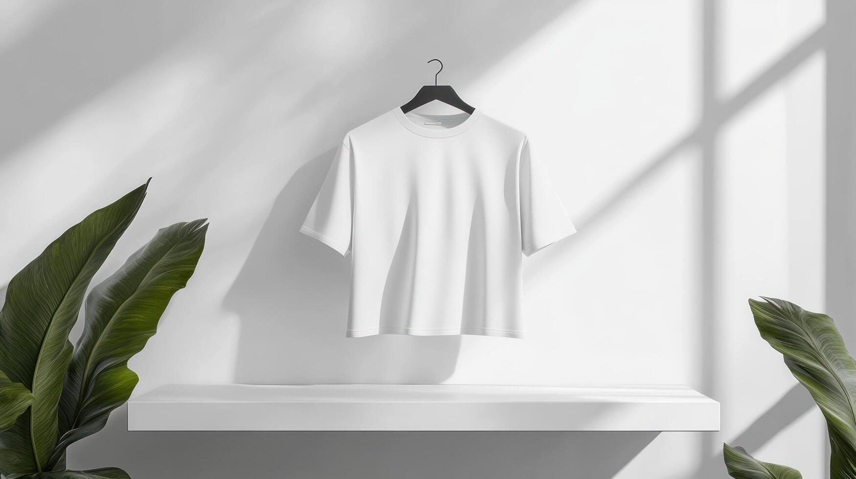 White t - shirt hanging on a shelf in front of a window photo