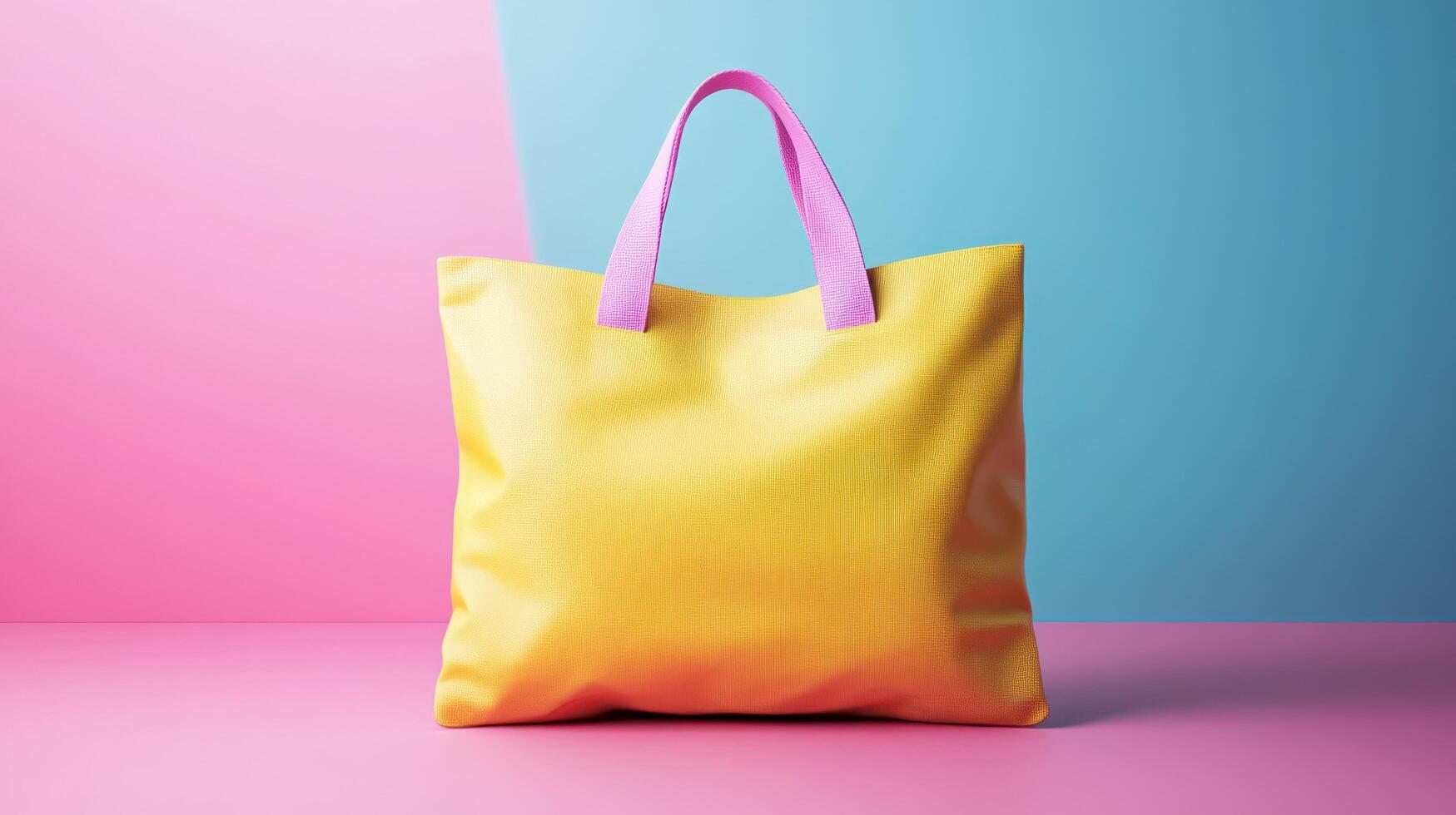A yellow shopping bag on a pink and blue background photo