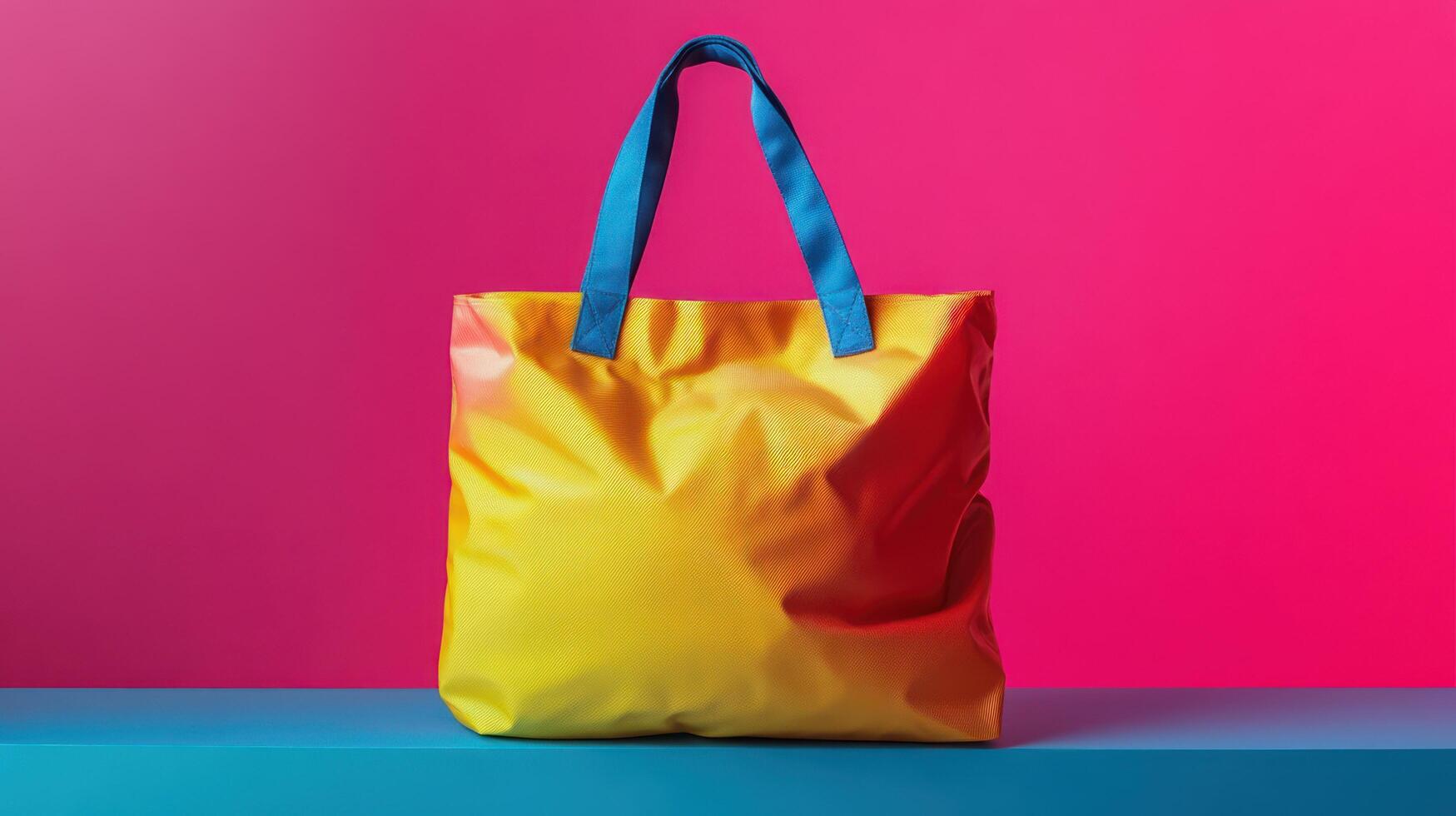 A yellow and blue tote bag on a pink background photo