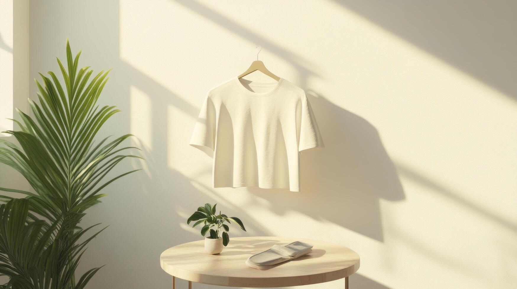 A white t - shirt hanging on a wooden rack in front of a window photo