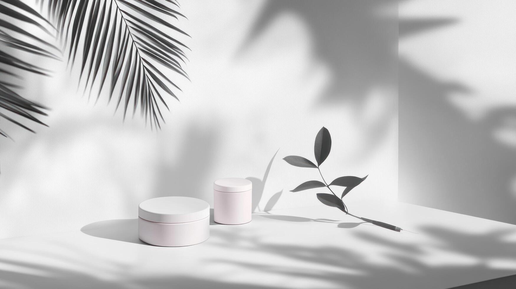 A white wall with a plant and a jar of cream photo