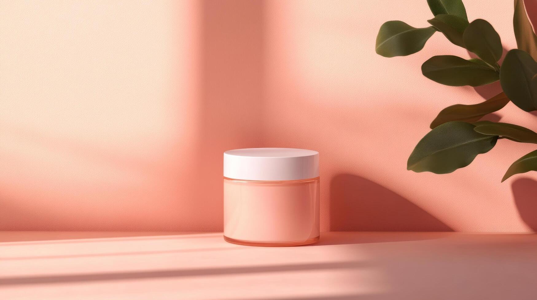 A jar of cream on a pink surface next to a plant photo