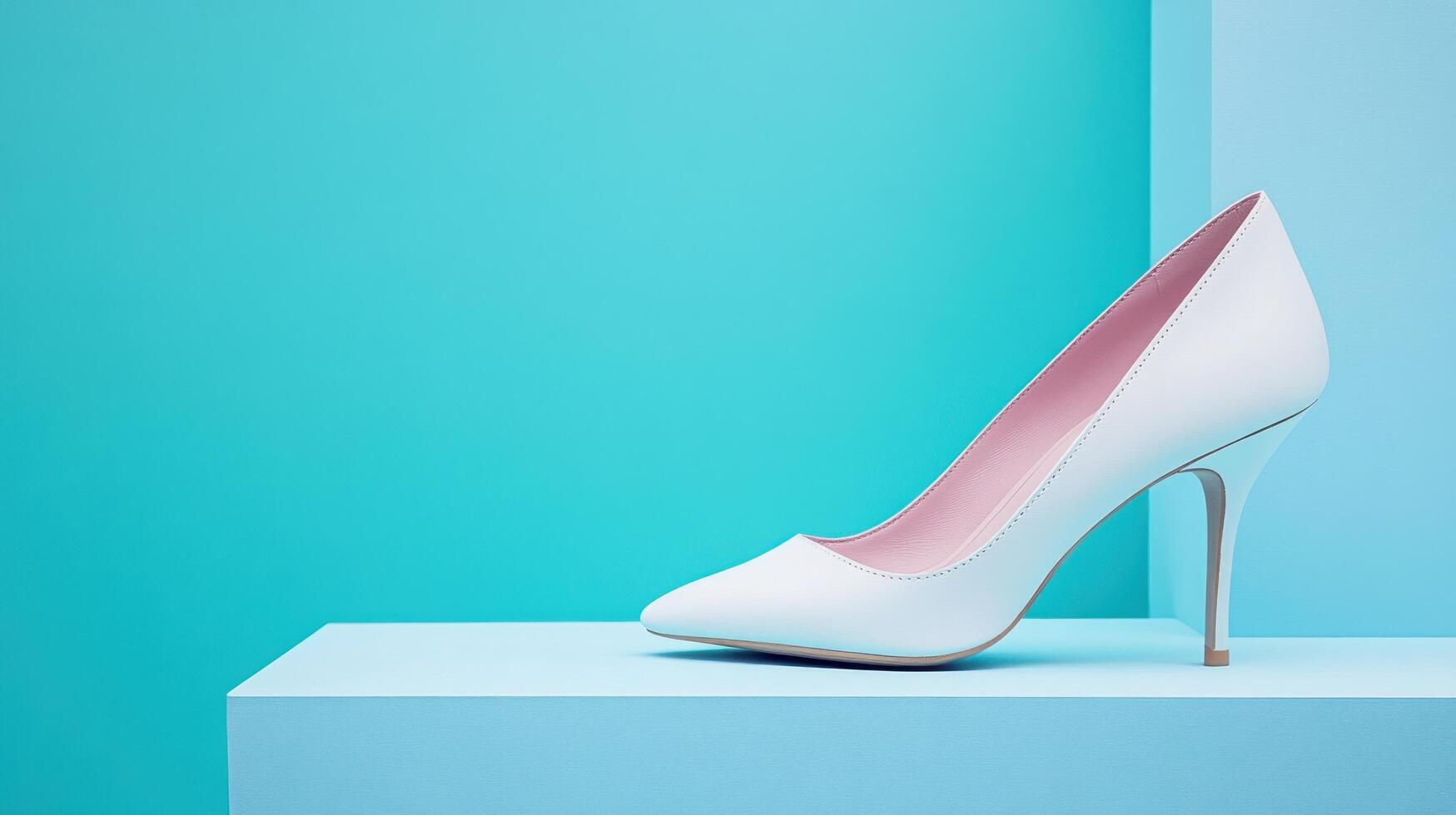 A white high heeled shoe on a blue background photo