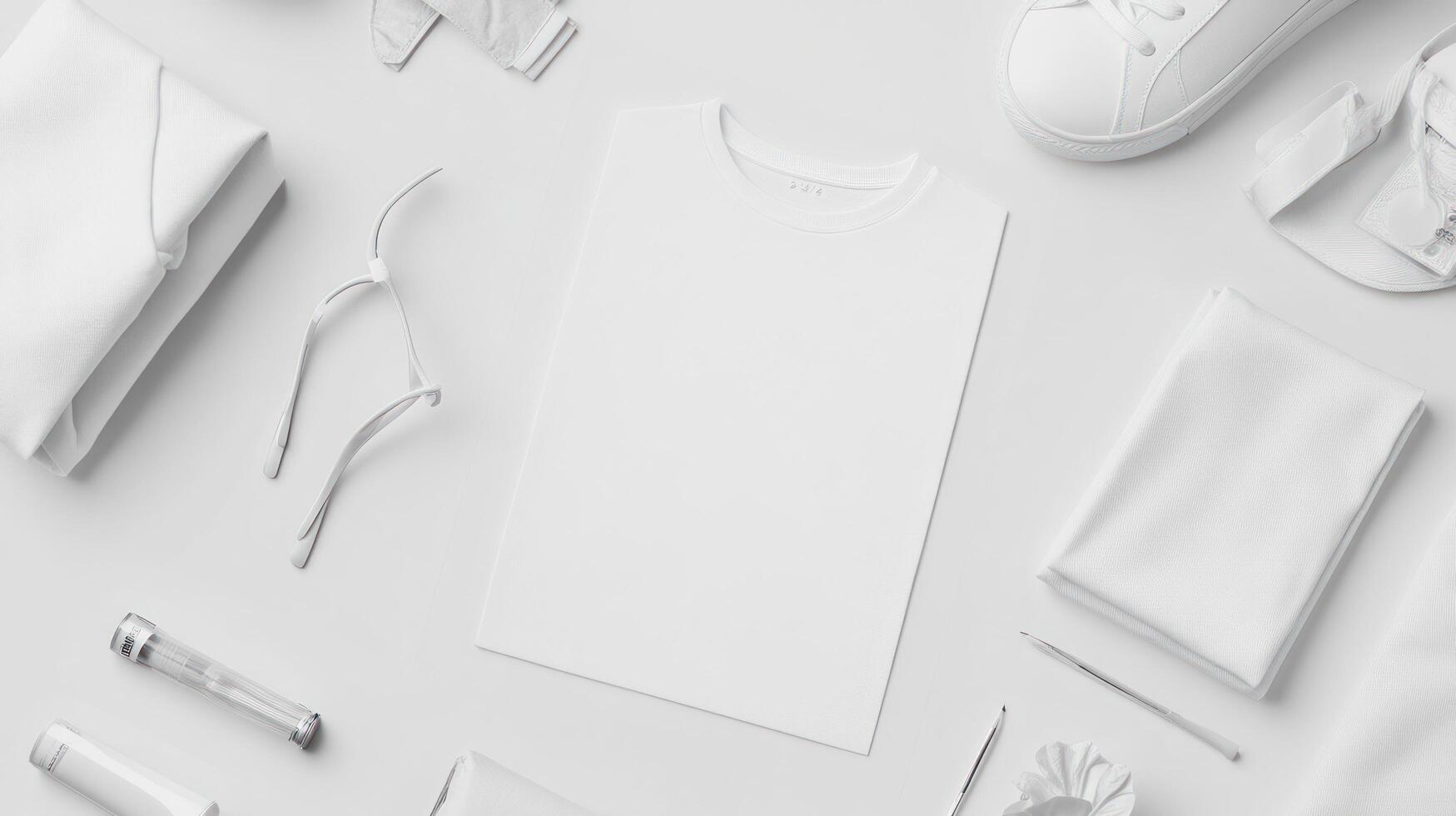 White t - shirt, scissors, and other items on a table photo