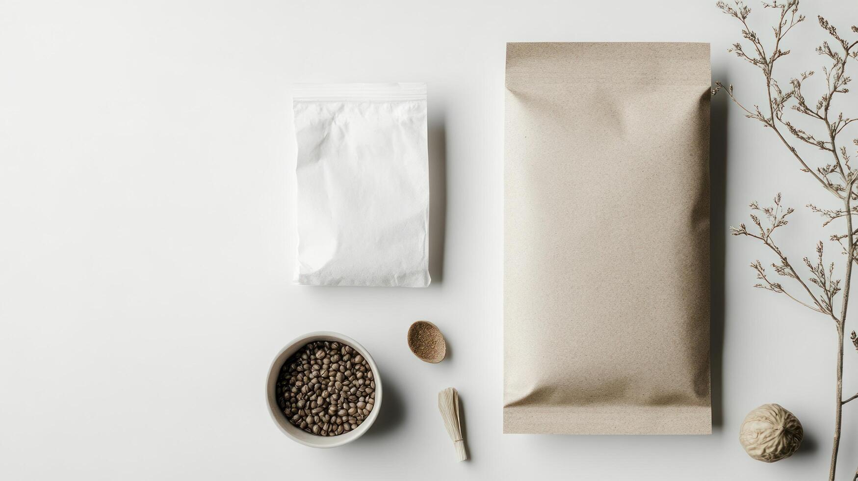 A package of coffee beans, a spoon and a bag of seeds photo