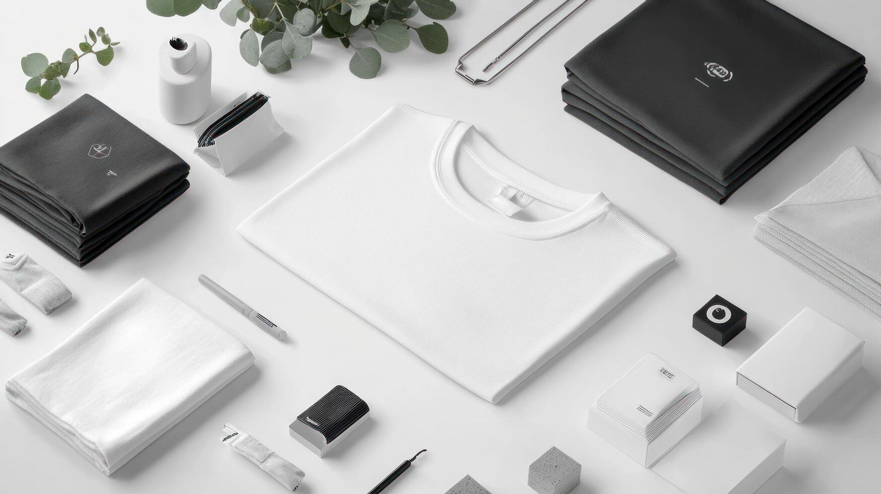 A white t - shirt, a pen, a notebook, a pen, a notebook, a photo