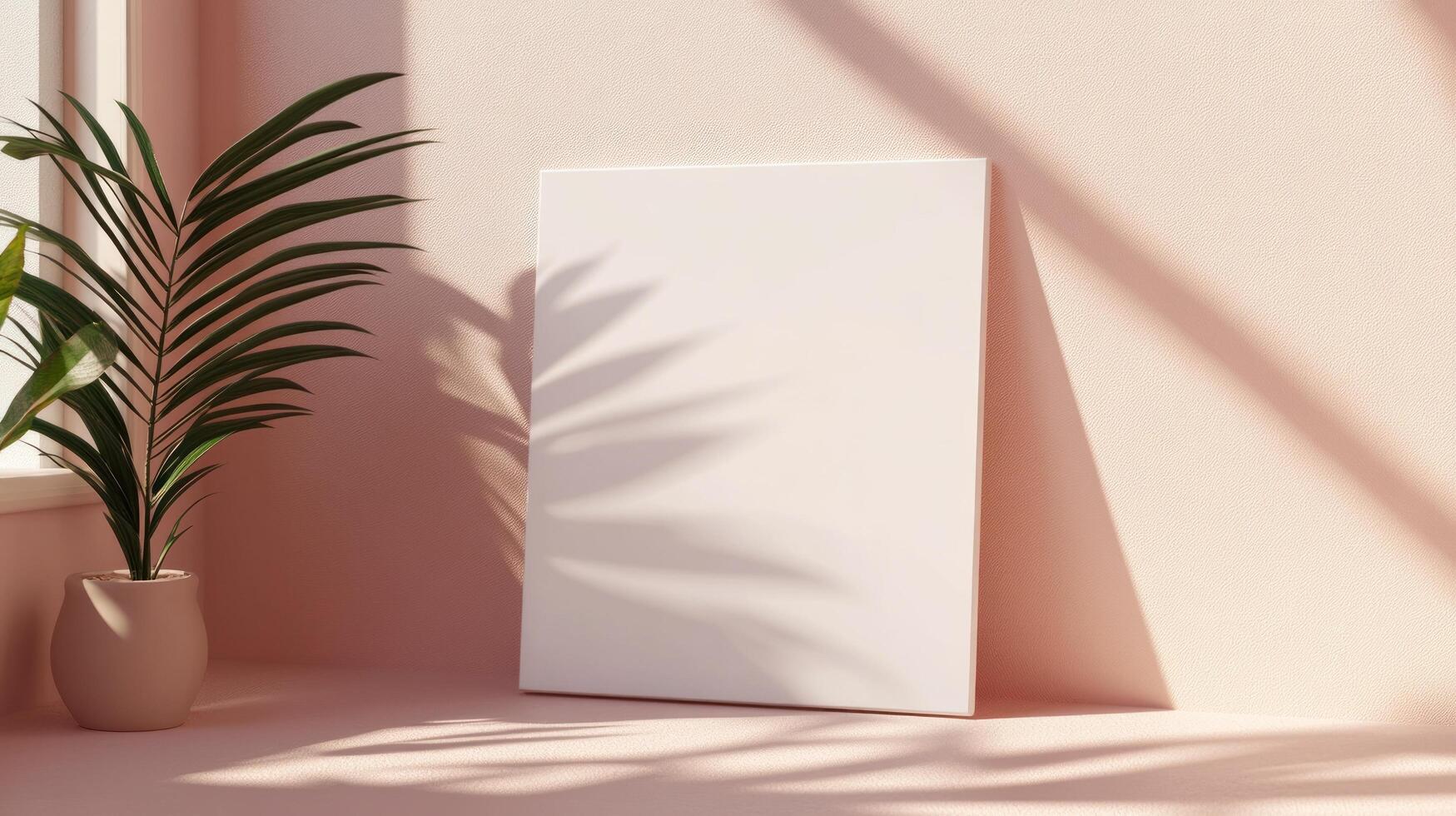 Blank white poster on a pink wall with a plant photo