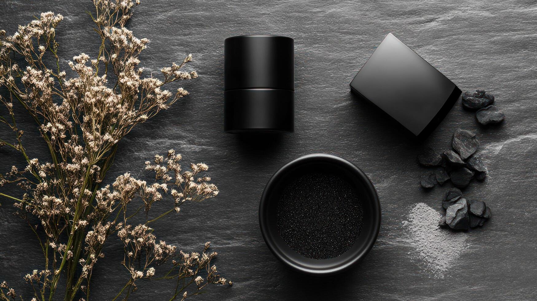 Black powder, a black powder container, and a flower on a stone surface photo