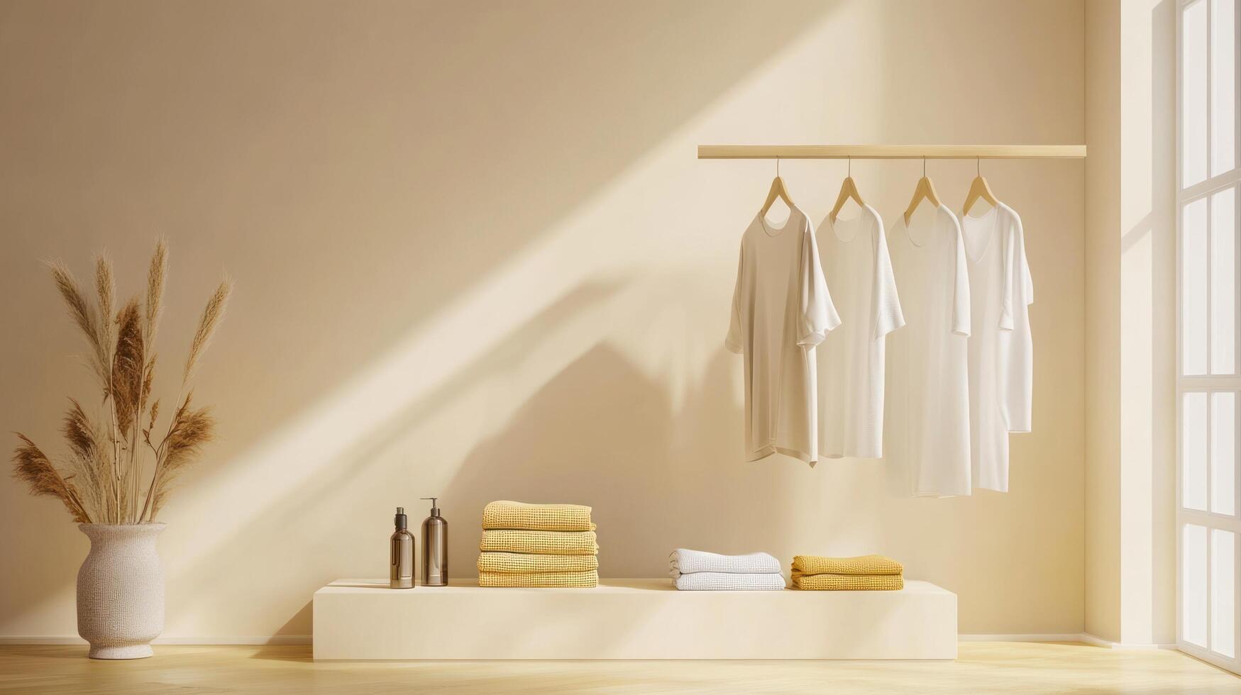 A room with white towels and clothes hanging on a rack photo