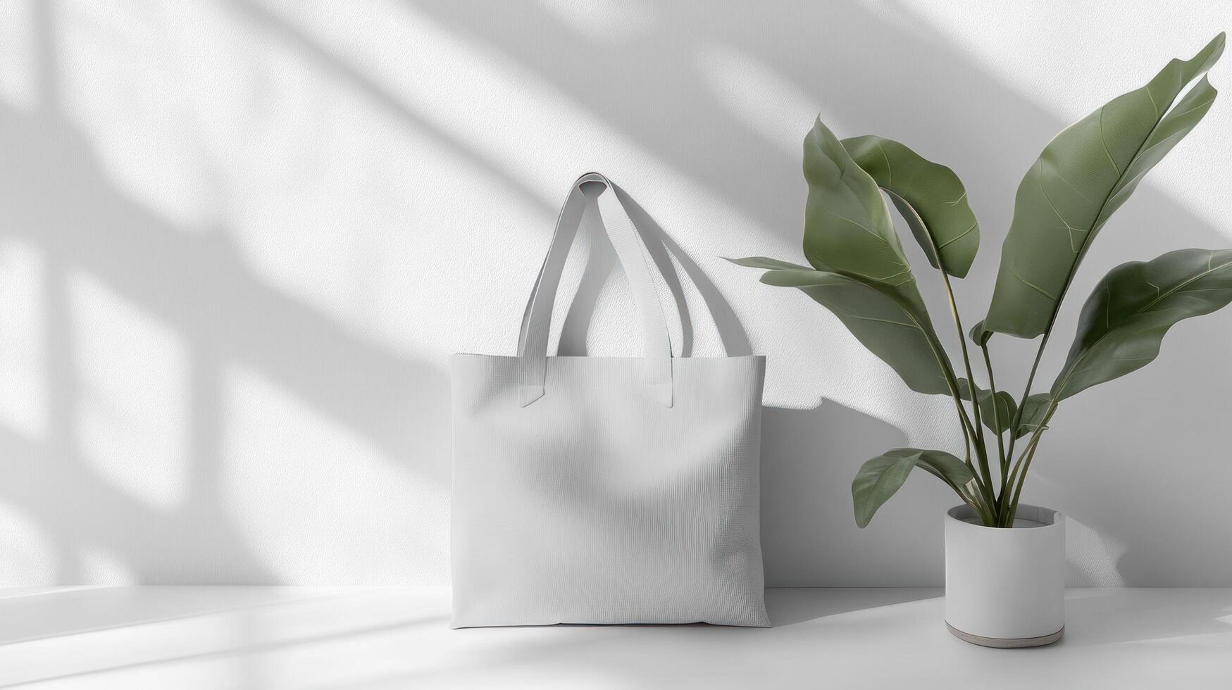 White tote bag and plant on white surface photo