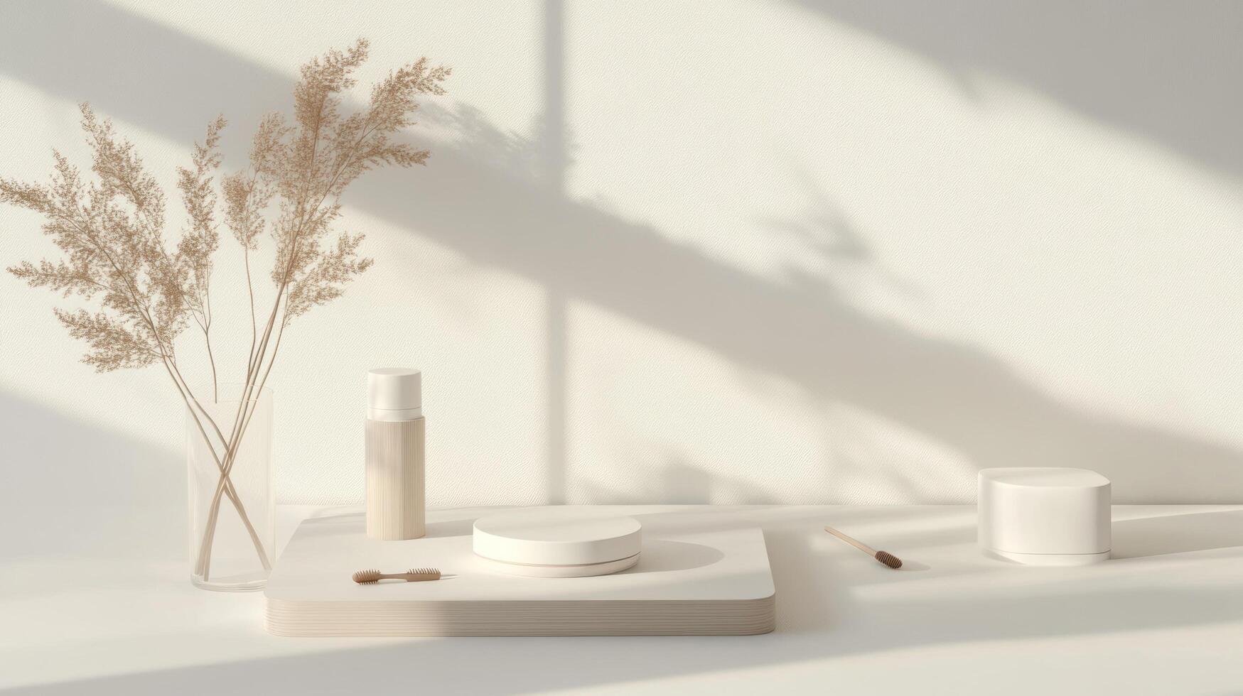 A white table with a vase of grass and a bottle of cream photo