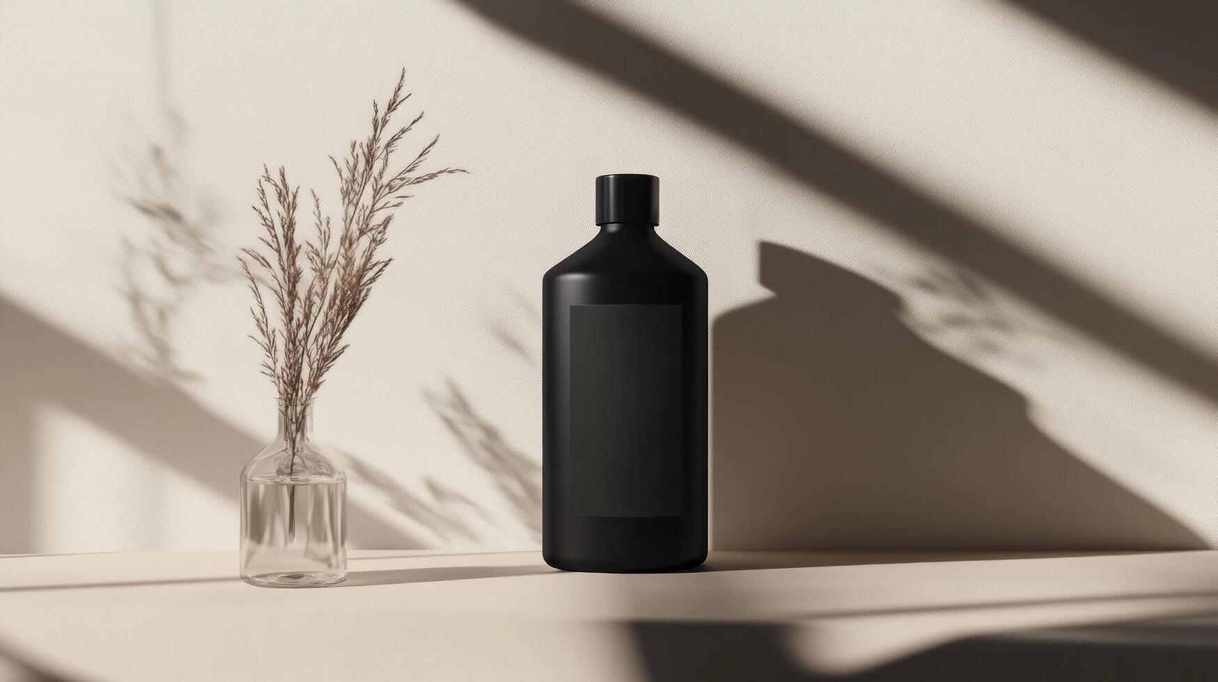 A black bottle and a vase on a table photo