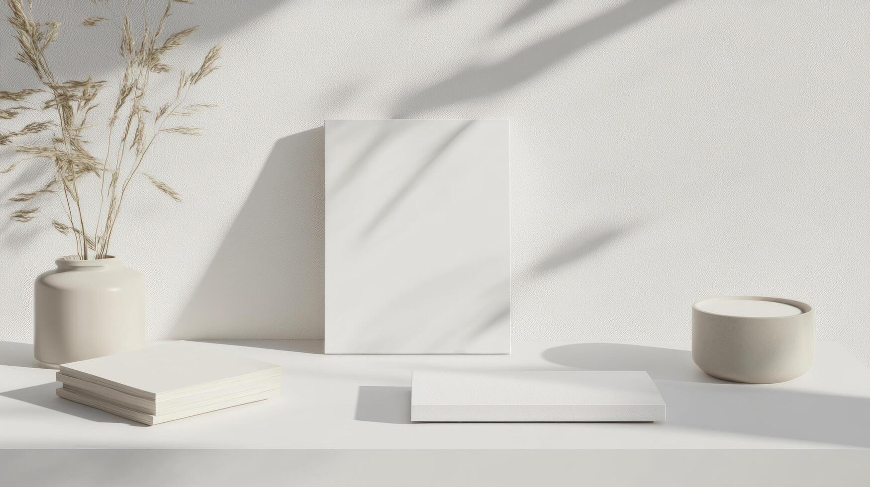 White table with vases and a blank white board photo