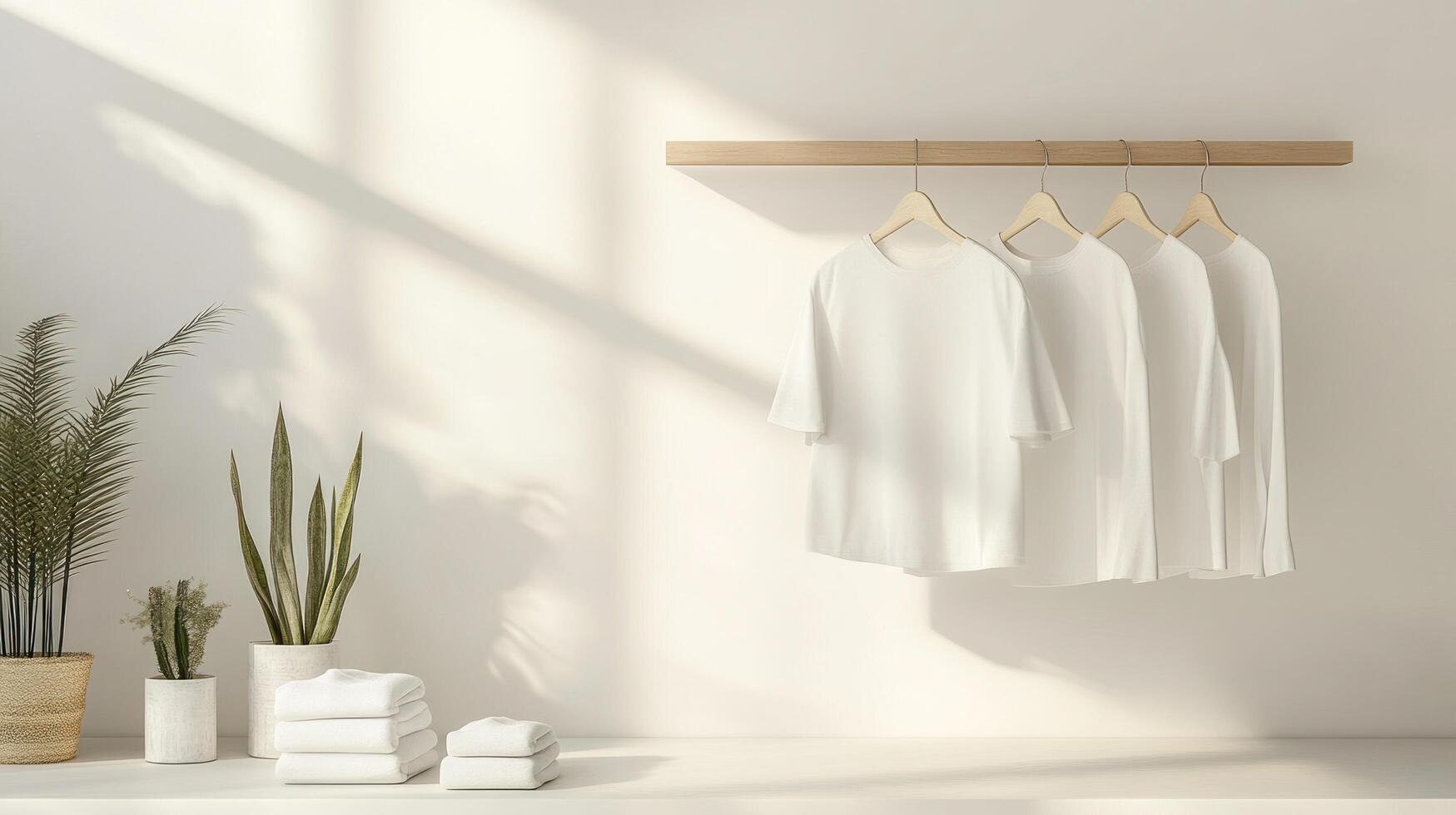 White clothes hanging on a wooden rack in a room photo