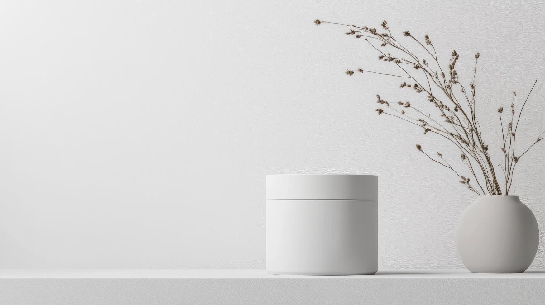 A vase and a white container sitting on a shelf photo