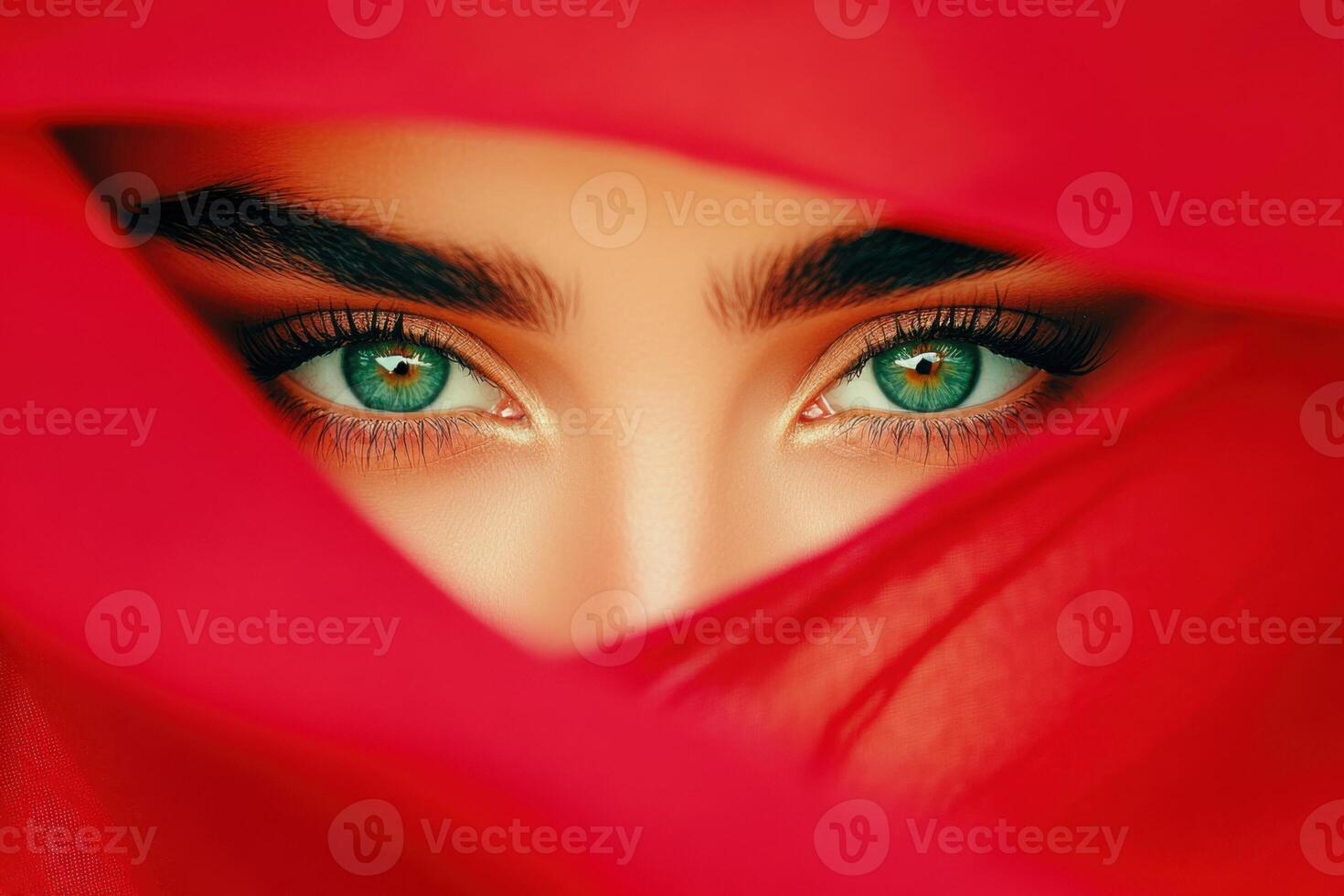 Mysterious woman with piercing green eyes partially veiled in red fabric, illuminated by dramatic lighting in a captivating portrait photo
