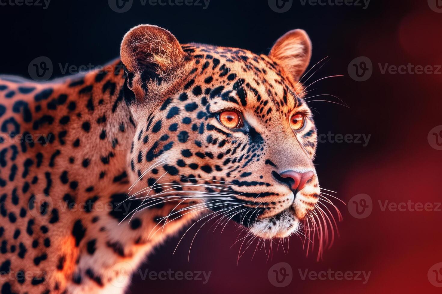 Majestic red leopard with glowing eyes amidst shadows and mystical red light, showcasing a fantasy and surreal atmosphere in a captivating setting photo