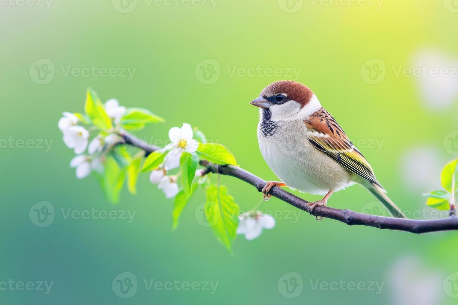 Small bird gathers nesting materials while perched on branch with budding leaves in spring setting photo