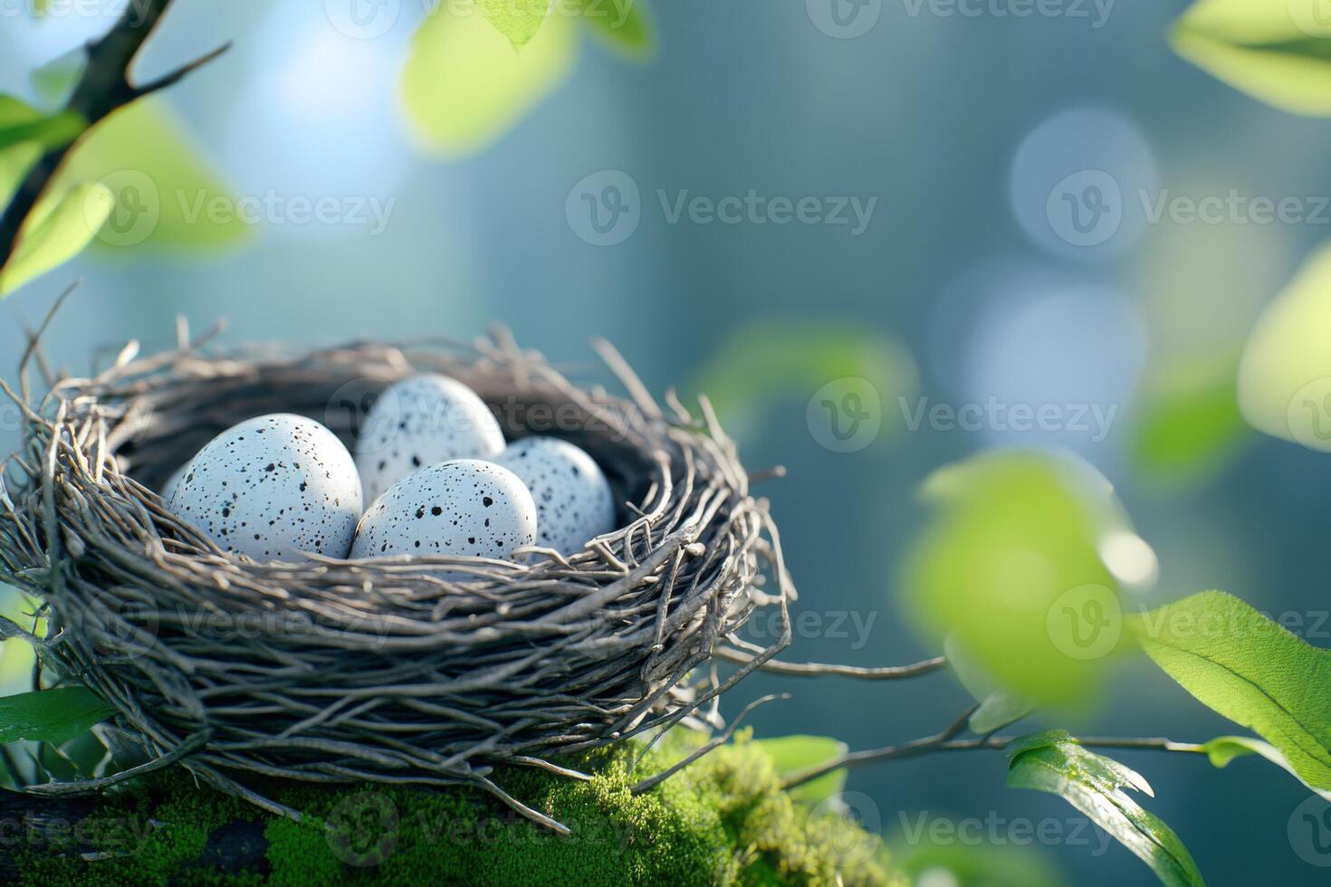 Rustic birds nest containing speckled eggs resting on a tree branch in soft natural light with surrounding leaves photo