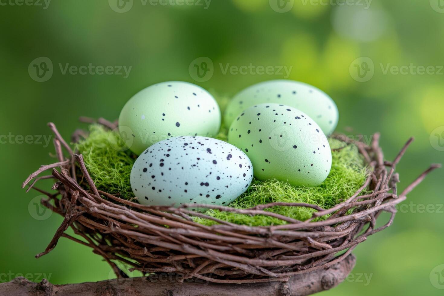 Rustic birds nest with speckled green eggs resting on a tree branch under natural soft lighting in a serene environment photo