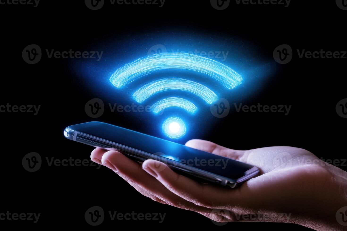 Innovative wireless connectivity represented by a smartphone with a holographic Wi-Fi symbol above it photo