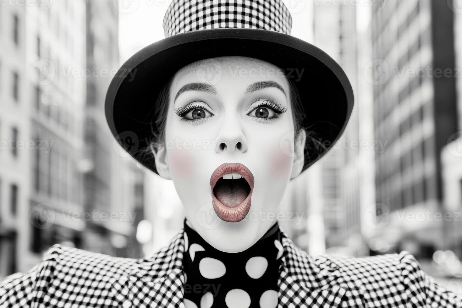 Joyful mime artist performs exaggerated funny faces on a bustling city street to entertain passersby during daytime photo